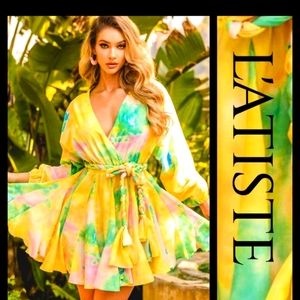 SOLD.SOLDL'atiste Queen Bee Tie Dye Rainbow Wrap Flare Dress with Braided Belt.